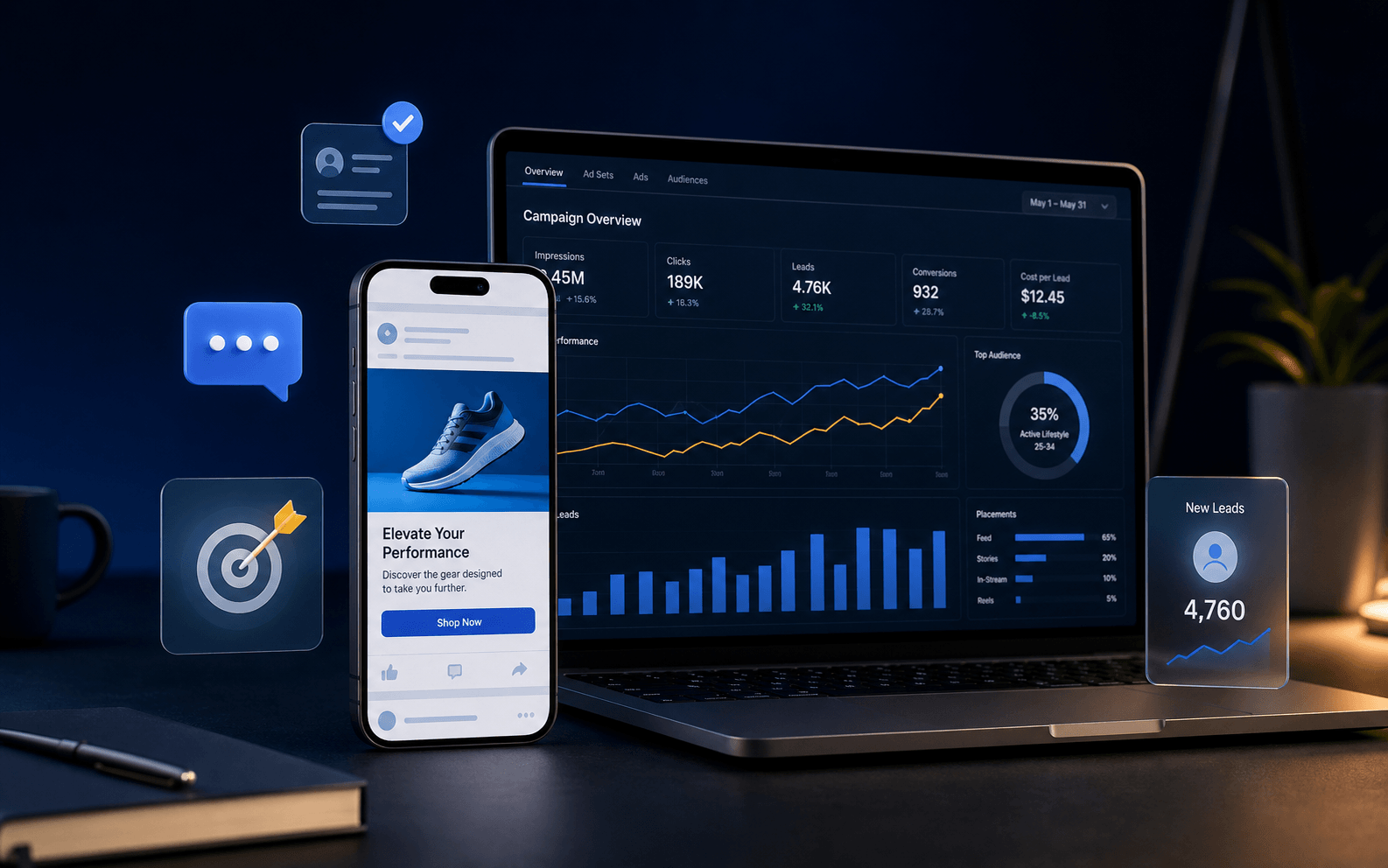 Panel de campañas digitales, leads y conversiones para negocios